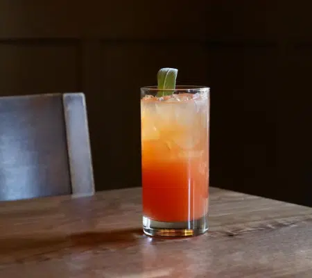 A Blood Orange Spritz cocktail on a wooden table.
