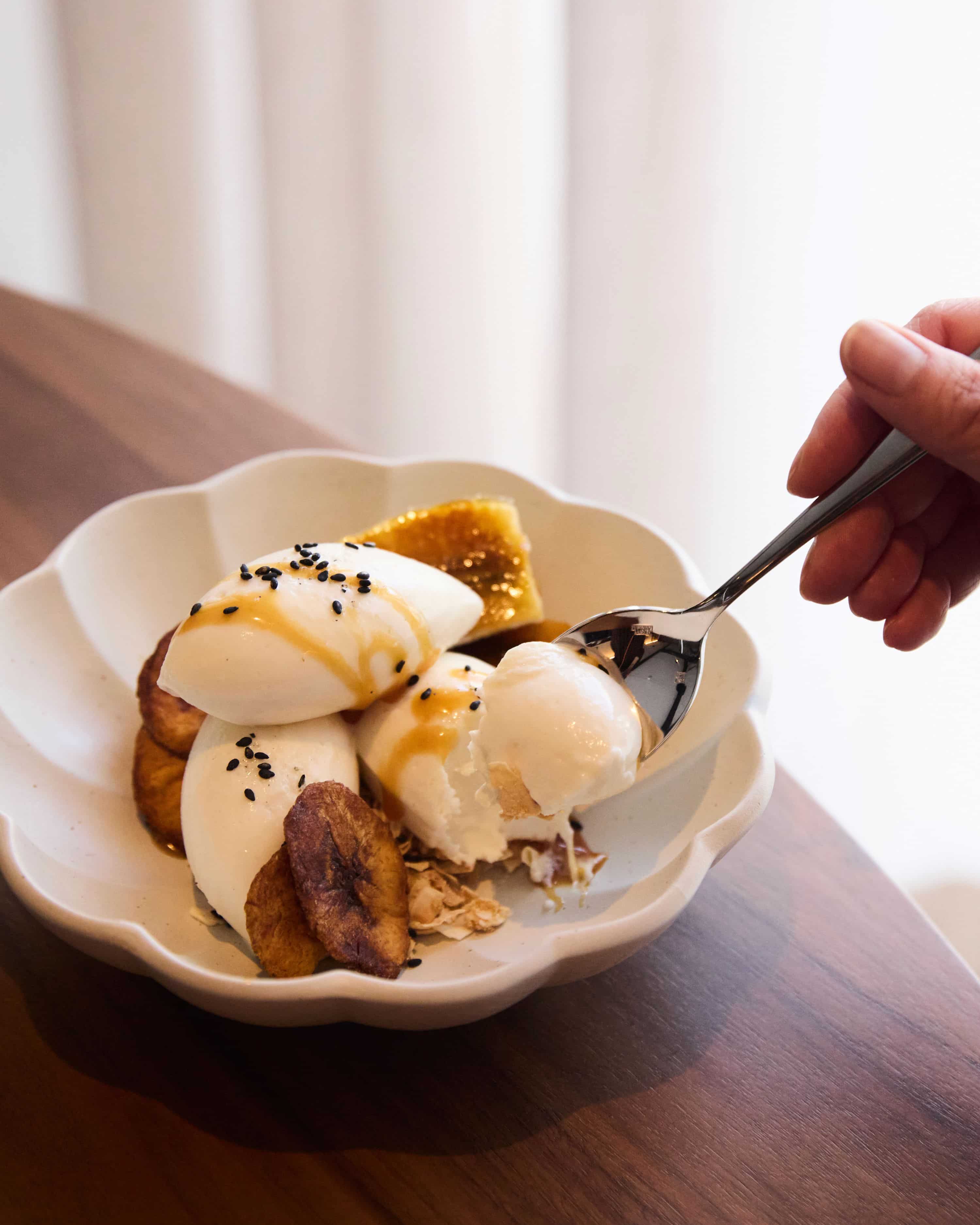 banana sundae special on white plate at uchi