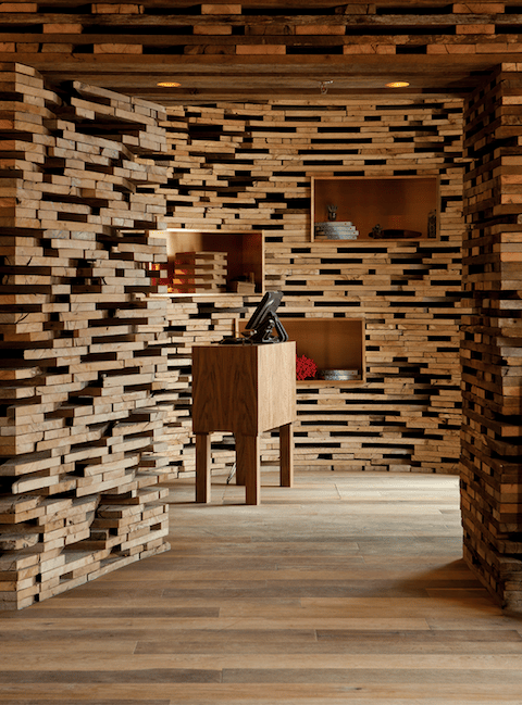Stacked plank entry of Uchi Houston by Vintage Material Supply Co.