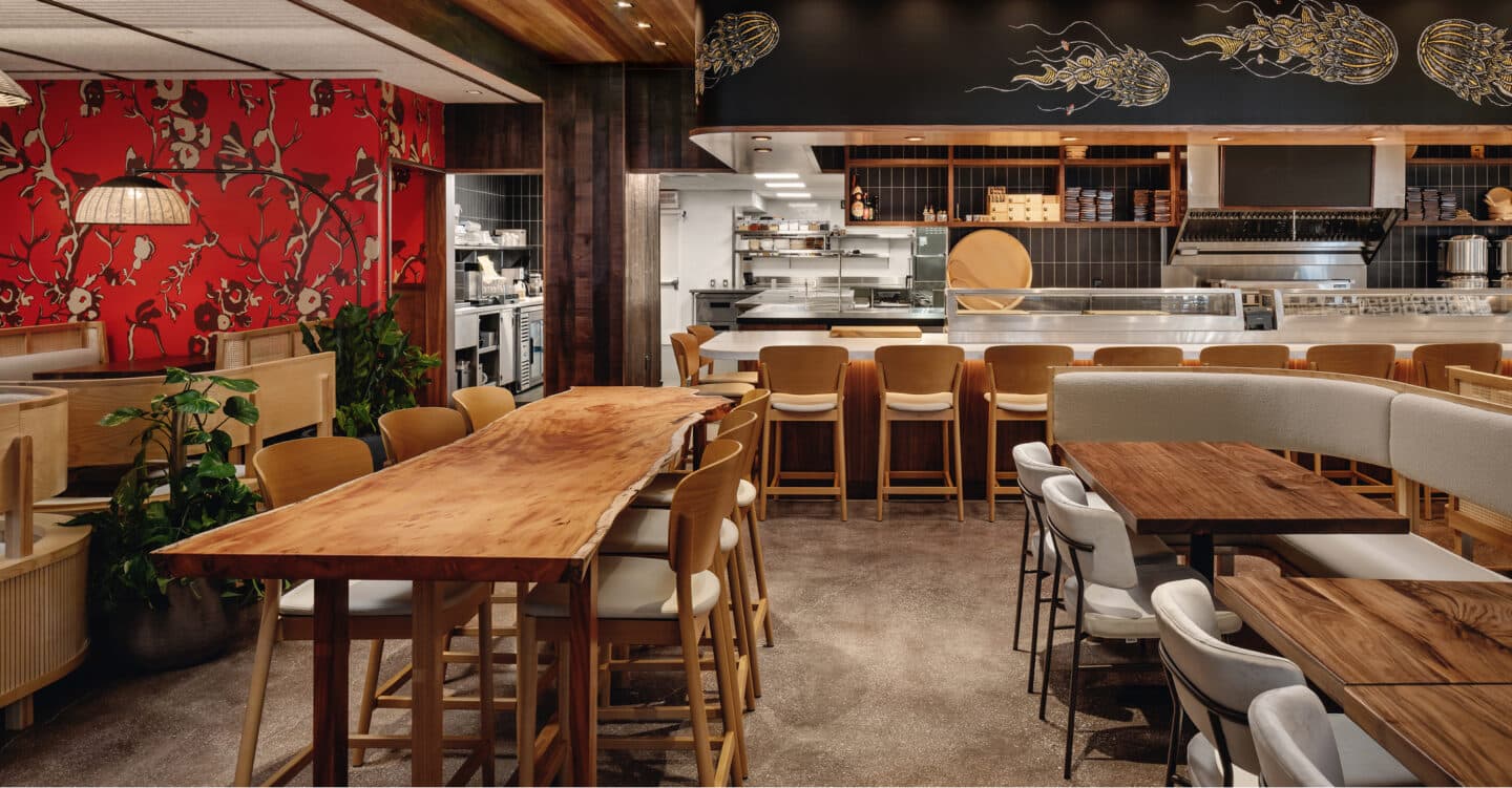 A wide angle view of the dining room and the sushi bar at Uchi Miami.