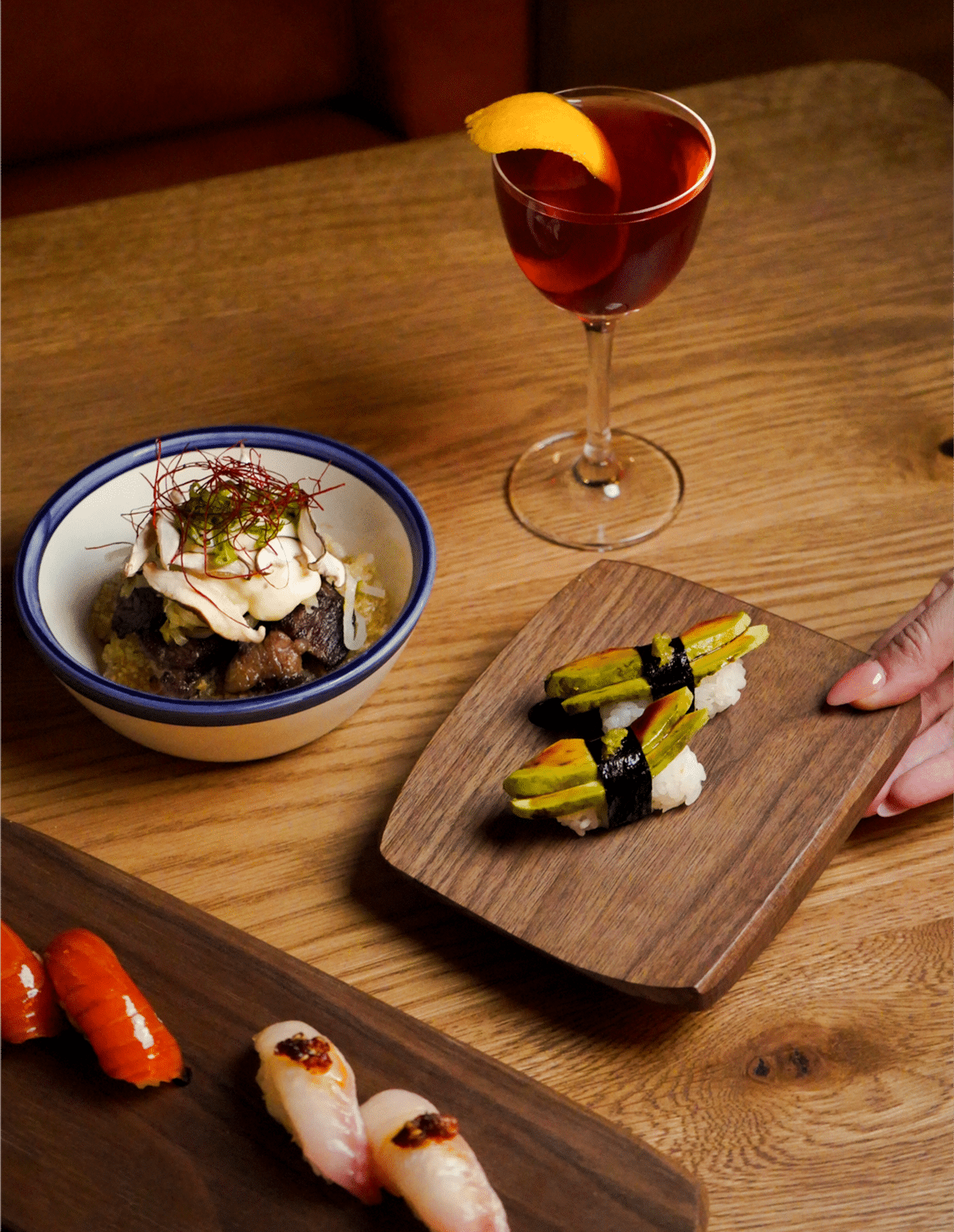 uchi valentine's day omakase with nigiri, brussels sprouts and a cocktail