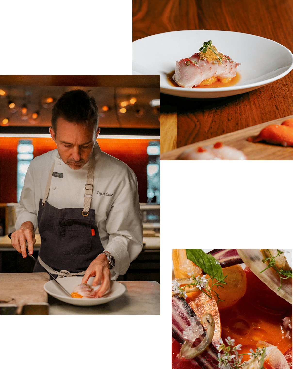three images showing chef tyson cole plating dishes at uchi west hollywood