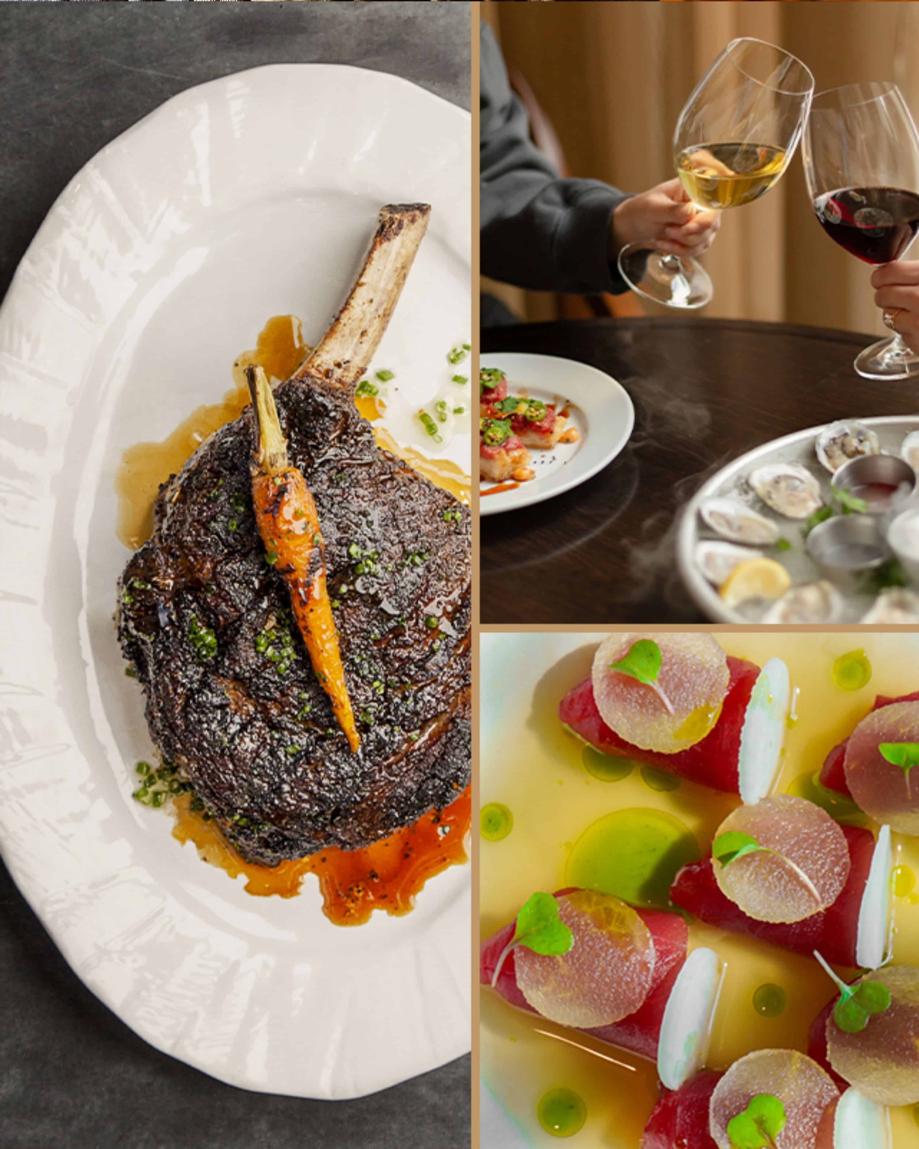 steak on a white plate, wine glasses, and a crudo
